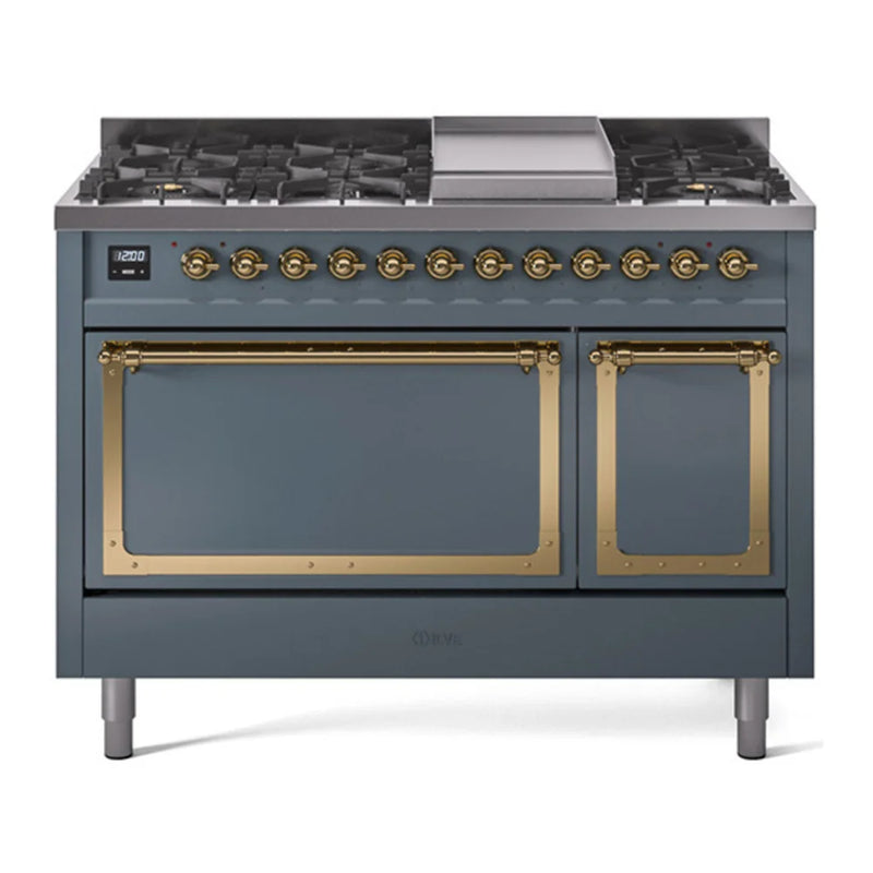 ILVE Nostalgie II Noblesse 48" Dual Fuel Freestanding Range in Blue Grey with Brass Trim, UN48FQNMPBGGLP