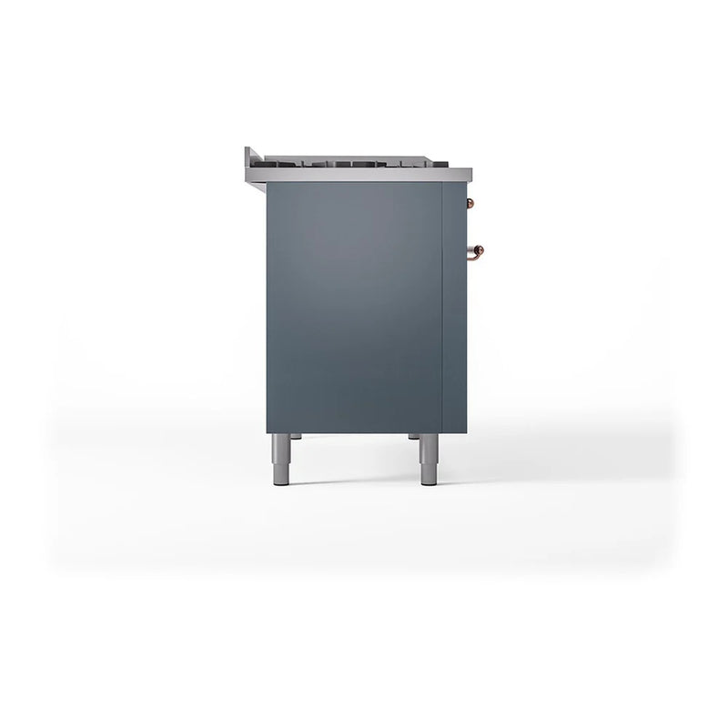 ILVE Nostalgie II Noblesse 48" Dual Fuel Freestanding Range in Blue Grey with Copper Trim, UN48FQNMPBGPLP