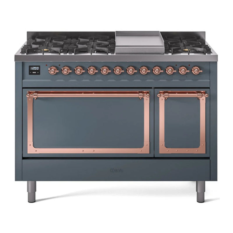ILVE Nostalgie II Noblesse 48" Dual Fuel Freestanding Range in Blue Grey with Copper Trim, UN48FQNMPBGP