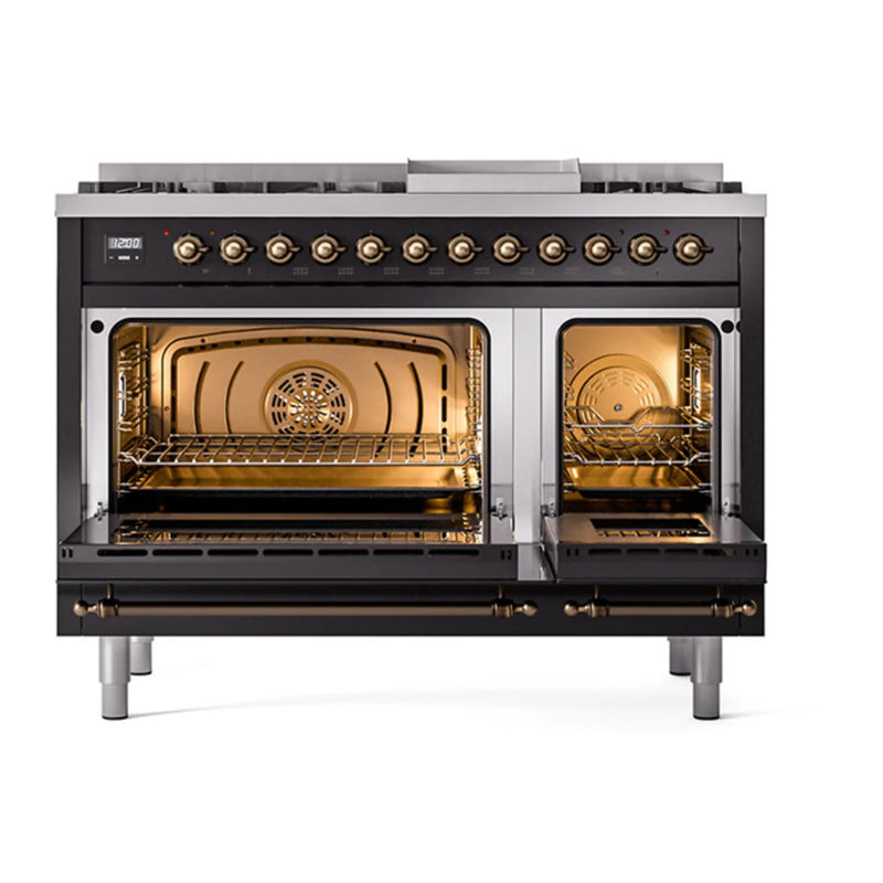 ILVE Nostalgie II Noblesse 48" Dual Fuel Freestanding Range in Glossy Black with Burnished Trim, UN48FQNMPBKBLP