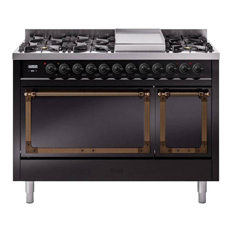 ILVE Nostalgie II Noblesse 48" Dual Fuel Freestanding Range in Glossy Black with Burnished Trim, UN48FQNMPBKB