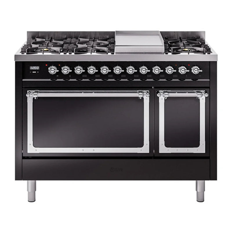 ILVE Nostalgie II Noblesse 48" Dual Fuel Freestanding Range in Glossy Black with Chrome Trim, UN48FQNMPBKCLP
