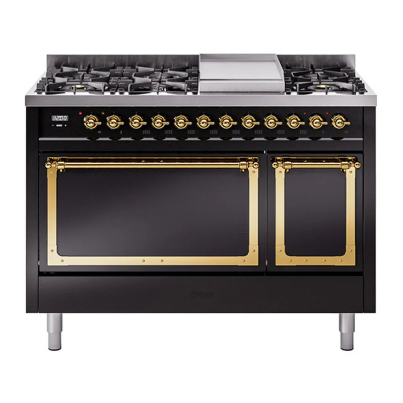 ILVE Nostalgie II Noblesse 48" Dual Fuel Freestanding Range in Glossy Black with Brass Trim, UN48FQNMPBKG