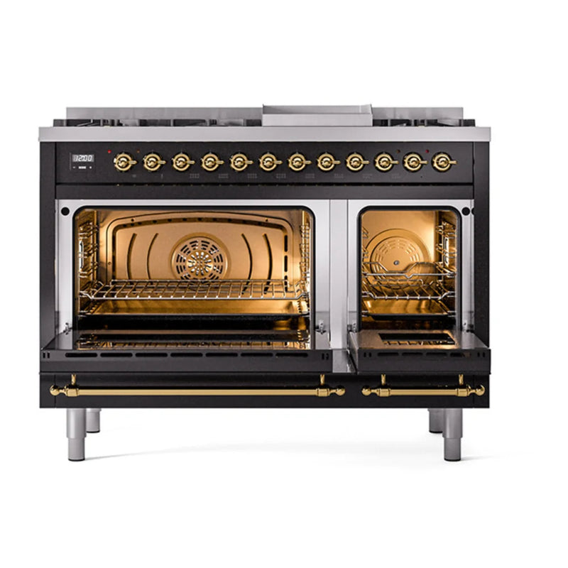 ILVE Nostalgie II Noblesse 48" Dual Fuel Freestanding Range in Glossy Black with Brass Trim, UN48FQNMPBKG