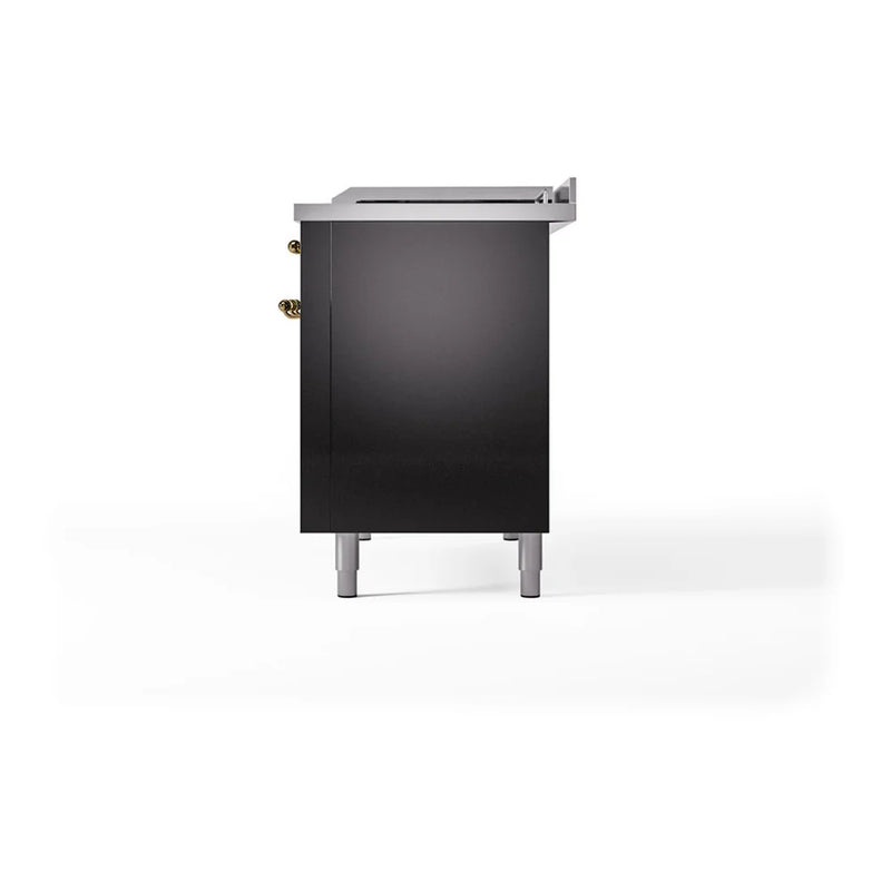 ILVE Nostalgie II Noblesse 48" Dual Fuel Freestanding Range in Glossy Black with Brass Trim, UN48FQNMPBKG