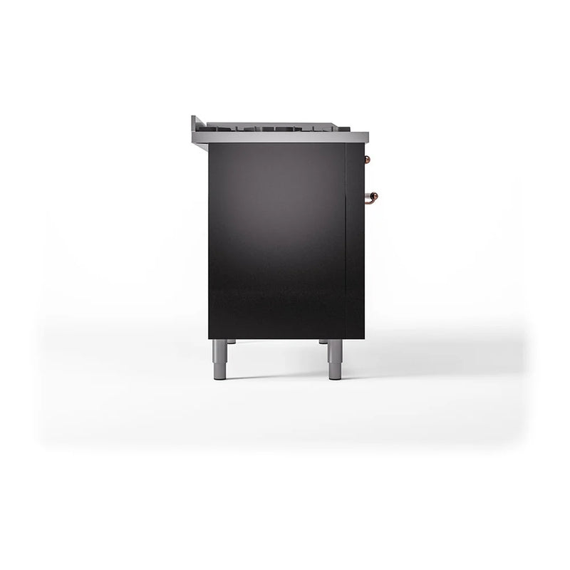 ILVE Nostalgie II Noblesse 48" Dual Fuel Freestanding Range in Glossy Black with Copper Trim, UN48FQNMPBKPLP