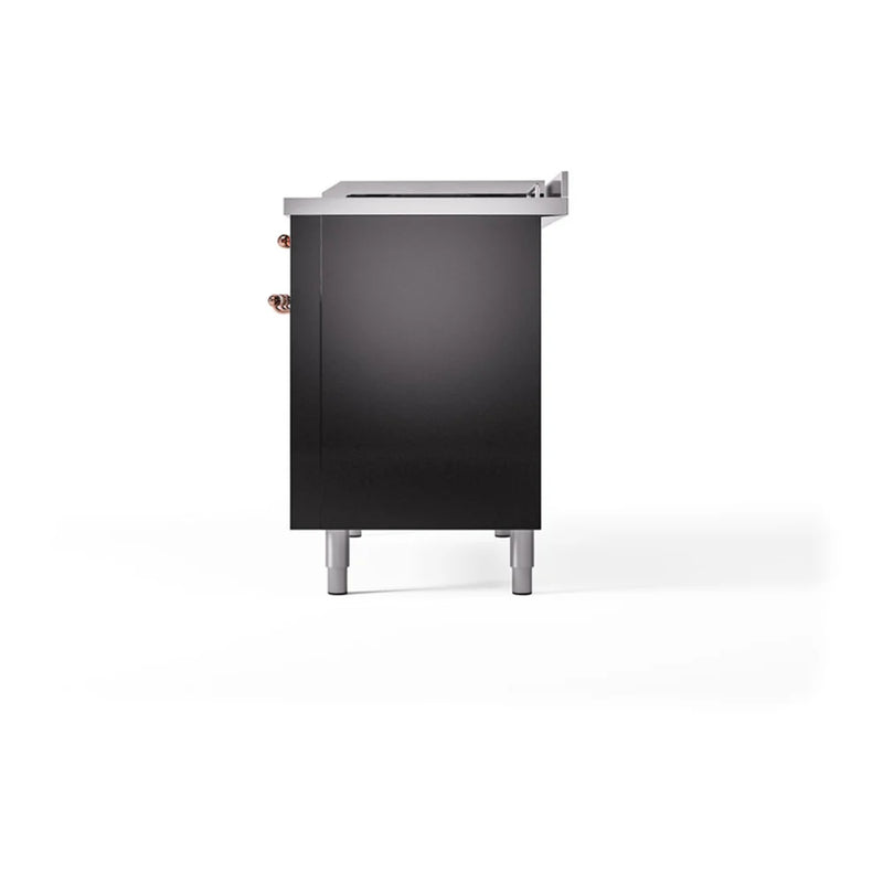 ILVE Nostalgie II Noblesse 48" Dual Fuel Freestanding Range in Glossy Black with Copper Trim, UN48FQNMPBKPLP