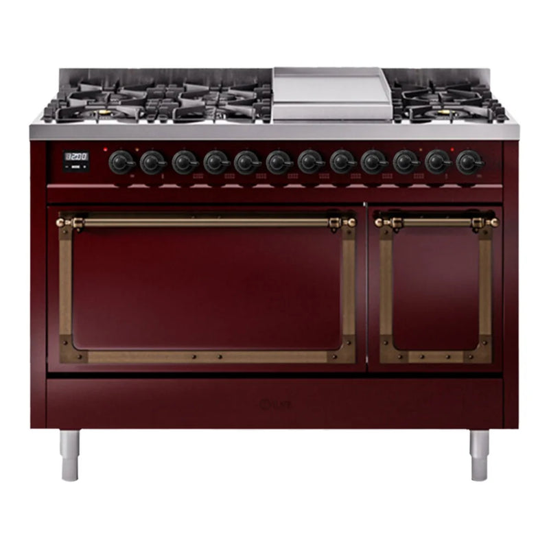ILVE Nostalgie II Noblesse 48" Dual Fuel Freestanding Range in Burgundy with Burnished Trim, UN48FQNMPBUB