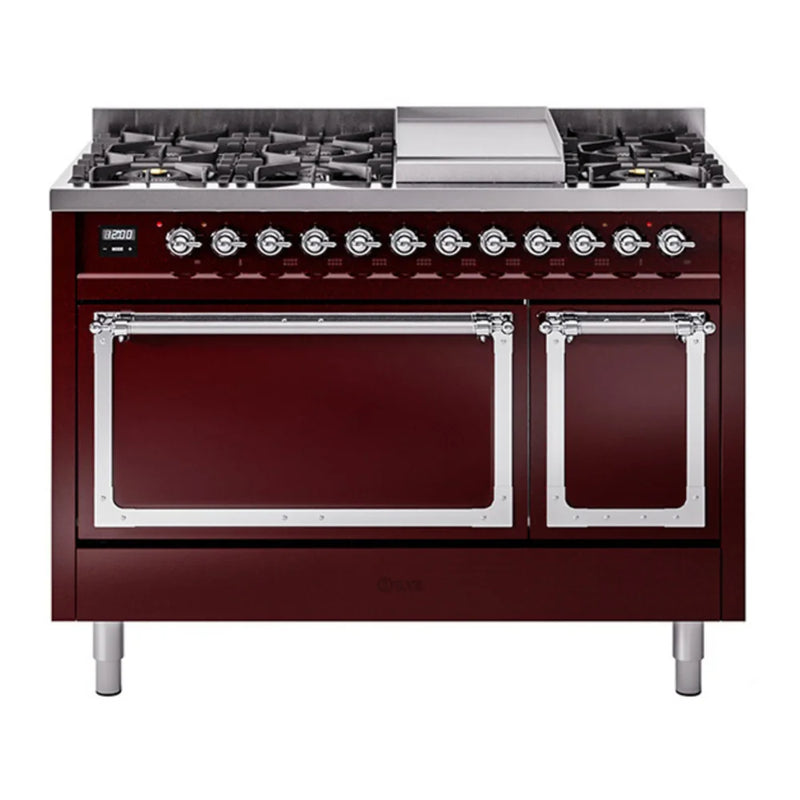 ILVE Nostalgie II Noblesse 48" Dual Fuel Freestanding Range in Burgundy with Chrome Trim, UN48FQNMPBUC