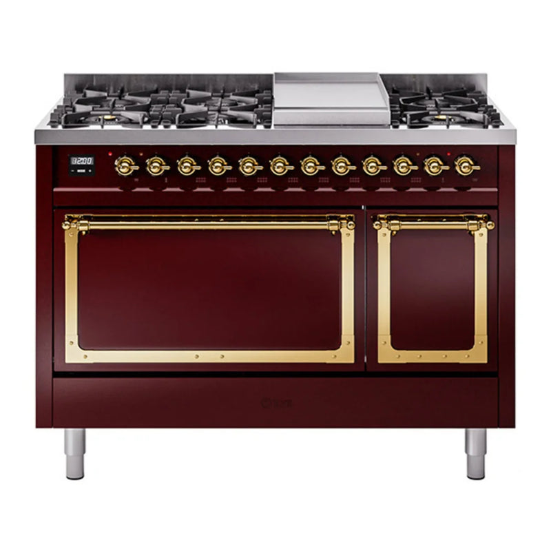 ILVE Nostalgie II Noblesse 48" Dual Fuel Freestanding Range in Burgundy with Brass Trim, UN48FQNMPBUGLP