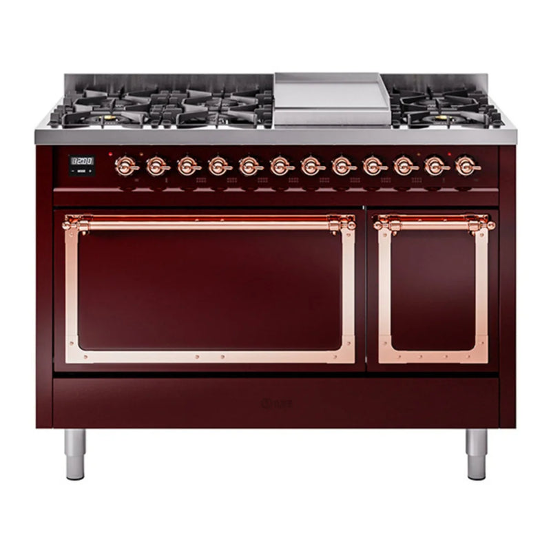 ILVE Nostalgie II Noblesse 48" Dual Fuel Freestanding Range in Burgundy with Copper Trim, UN48FQNMPBUP