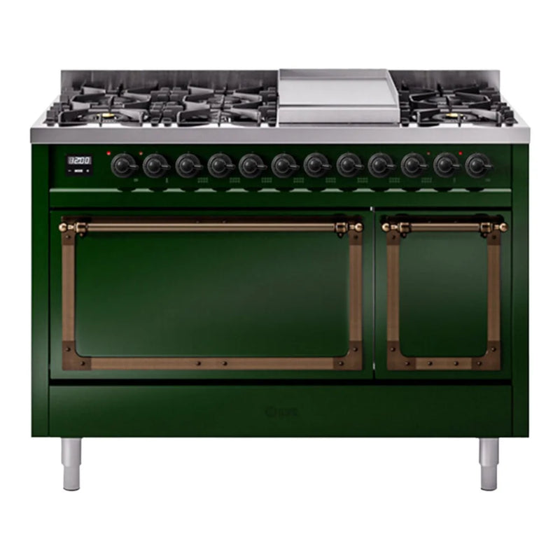 ILVE Nostalgie II Noblesse 48" Dual Fuel Freestanding Range in Emerald Green with Burnished Trim, UN48FQNMPEGBLP