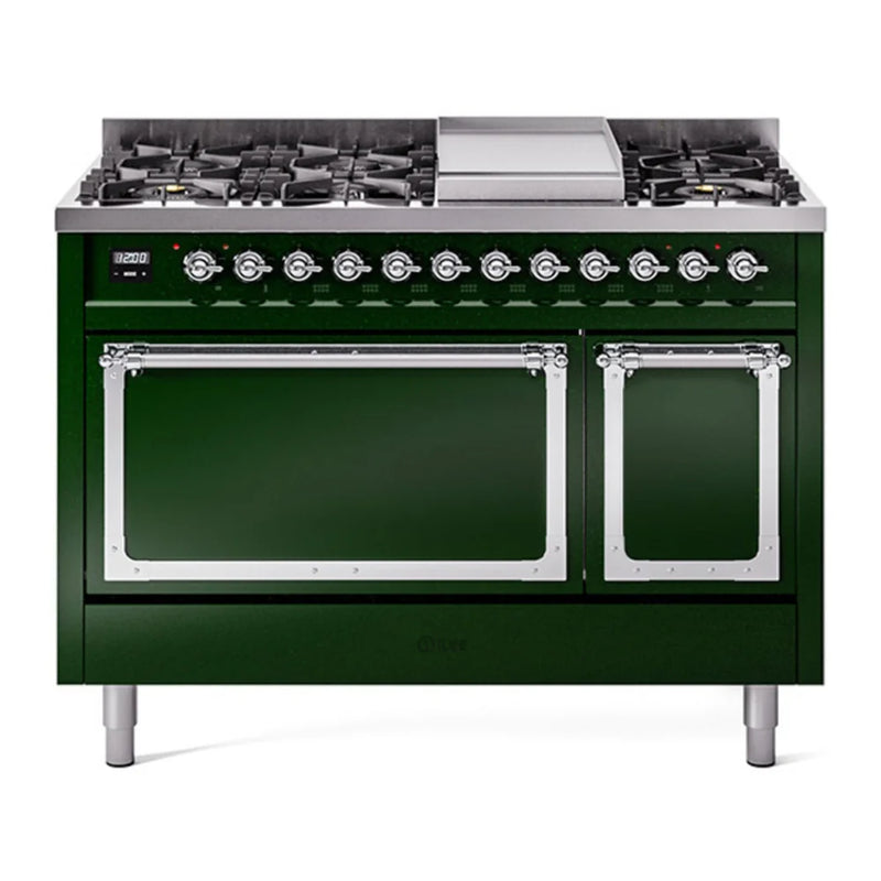 ILVE Nostalgie II Noblesse 48" Dual Fuel Freestanding Range in Emerald Green with Chrome Trim, UN48FQNMPEGCLP