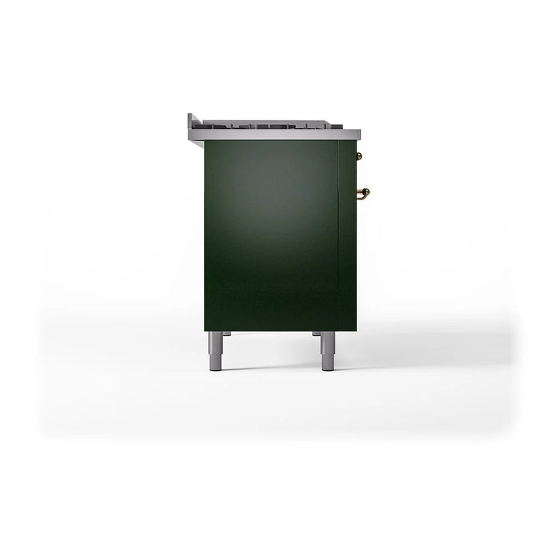 ILVE Nostalgie II Noblesse 48" Dual Fuel Freestanding Range in Emerald Green with Brass Trim, UN48FQNMPEGGLP