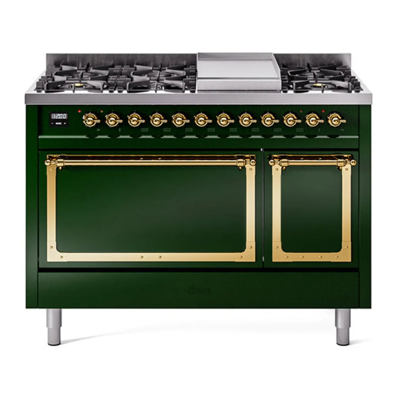 ILVE Nostalgie II Noblesse 48" Dual Fuel Freestanding Range in Emerald Green with Brass Trim, UN48FQNMPEGG