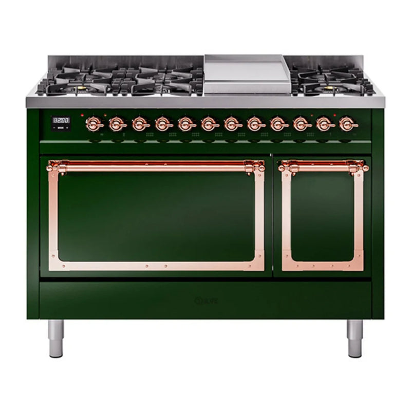 ILVE Nostalgie II Noblesse 48" Dual Fuel Freestanding Range in Emerald Green with Copper Trim, UN48FQNMPEGP