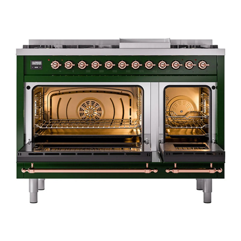 ILVE Nostalgie II Noblesse 48" Dual Fuel Freestanding Range in Emerald Green with Copper Trim, UN48FQNMPEGP