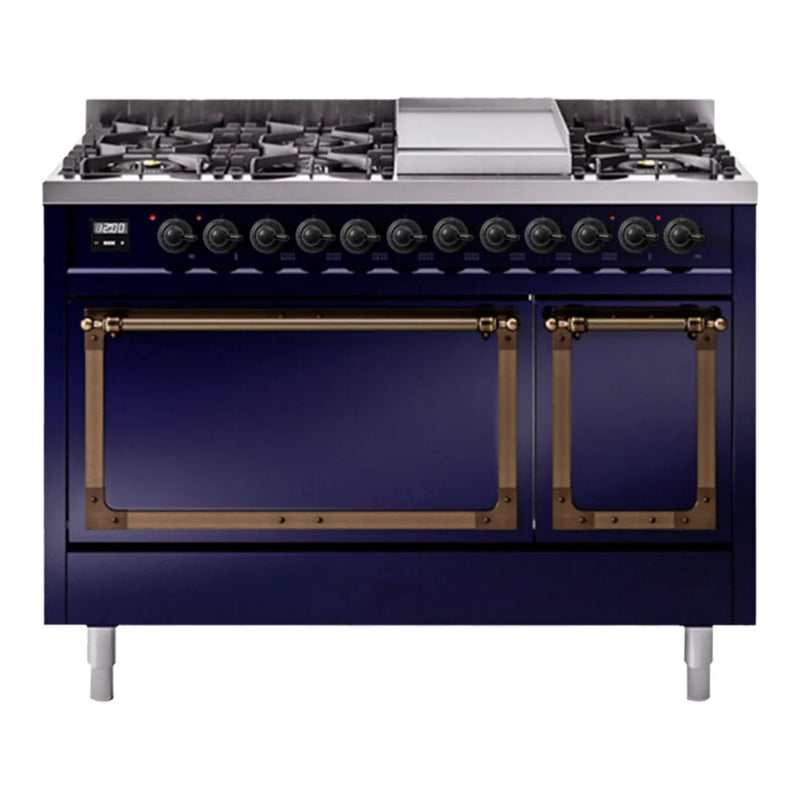 ILVE Nostalgie II Noblesse 48" Dual Fuel Freestanding Range in Midnight Blue with Burnished Trim, UN48FQNMPMBB
