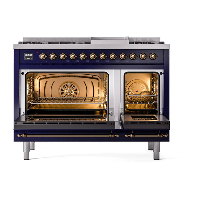 ILVE Nostalgie II Noblesse 48" Dual Fuel Freestanding Range in Midnight Blue with Burnished Trim, UN48FQNMPMBB