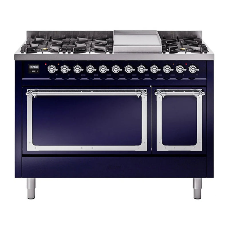 ILVE Nostalgie II Noblesse 48" Dual Fuel Freestanding Range in Midnight Blue with Chrome Trim, UN48FQNMPMBCLP