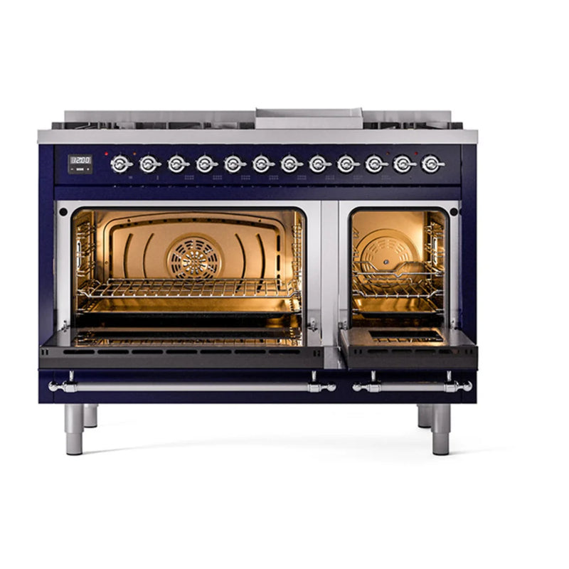ILVE Nostalgie II Noblesse 48" Dual Fuel Freestanding Range in Midnight Blue with Chrome Trim, UN48FQNMPMBC