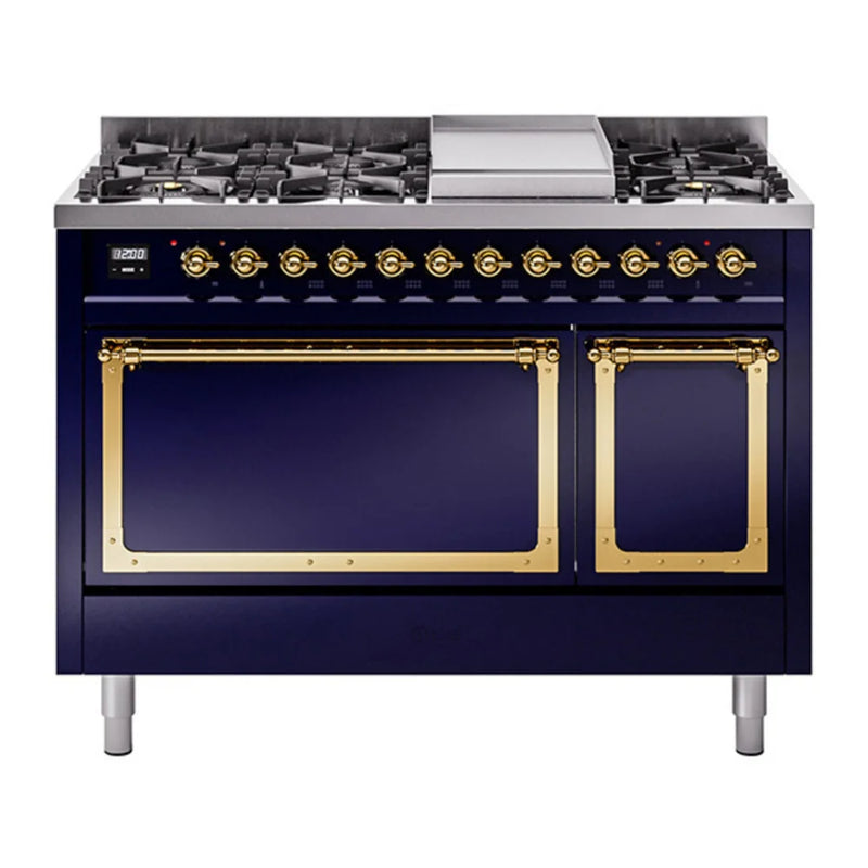 ILVE Nostalgie II Noblesse 48" Dual Fuel Freestanding Range in Midnight Blue with Brass Trim, UN48FQNMPMBGLP