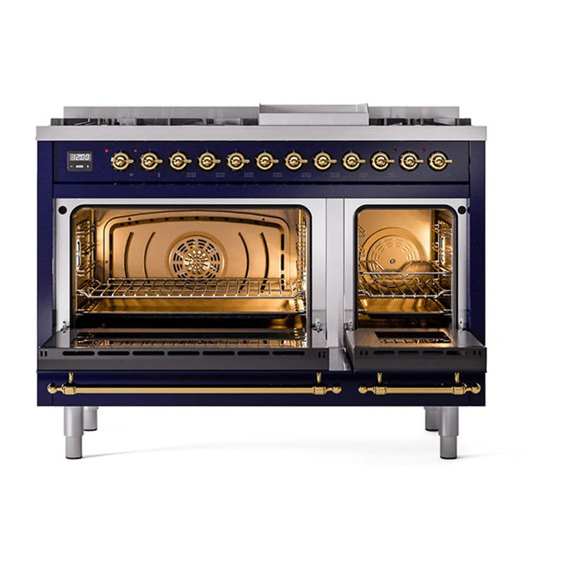 ILVE Nostalgie II Noblesse 48" Dual Fuel Freestanding Range in Midnight Blue with Brass Trim, UN48FQNMPMBGLP