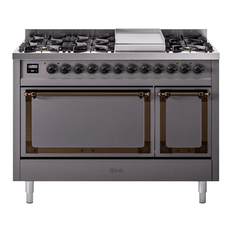 ILVE Nostalgie II Noblesse 48" Dual Fuel Freestanding Range in Graphite Matte with Burnished Trim, UN48FQNMPMGBLP