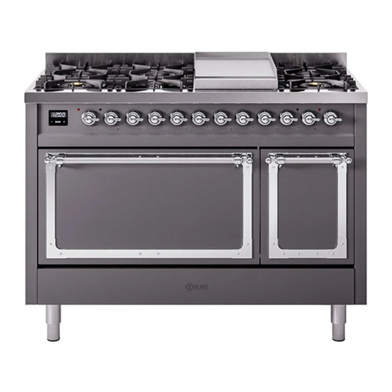ILVE Nostalgie II Noblesse 48" Dual Fuel Freestanding Range in Graphite Matte with Chrome Trim, UN48FQNMPMGCLP