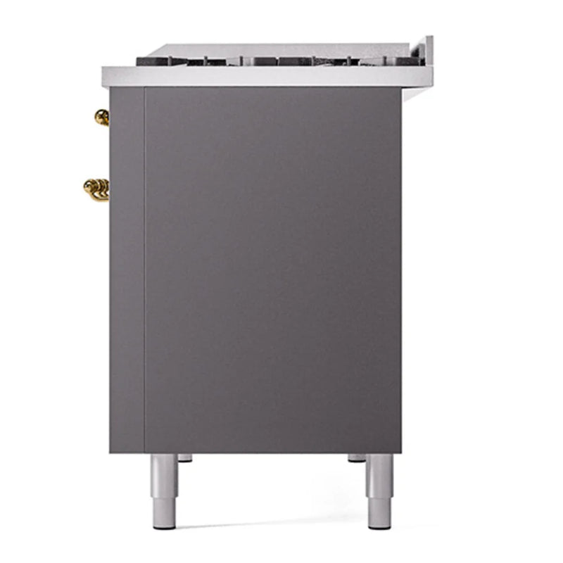 ILVE Nostalgie II Noblesse 48" Dual Fuel Freestanding Range in Graphite Matte with Brass Trim, UN48FQNMPMGGLP