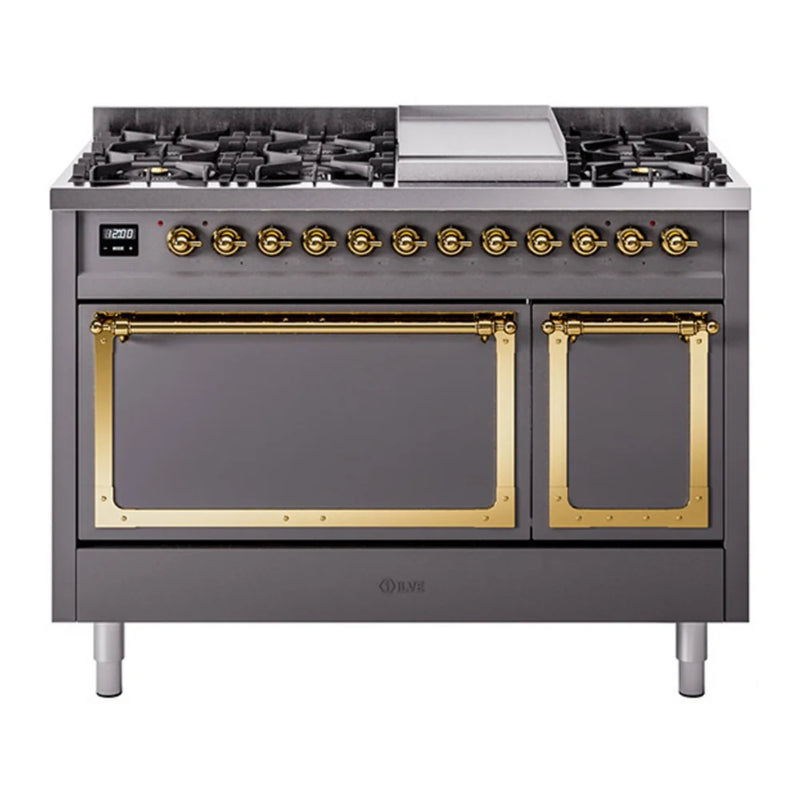 ILVE Nostalgie II Noblesse 48" Dual Fuel Freestanding Range in Graphite Matte with Brass Trim, UN48FQNMPMGG