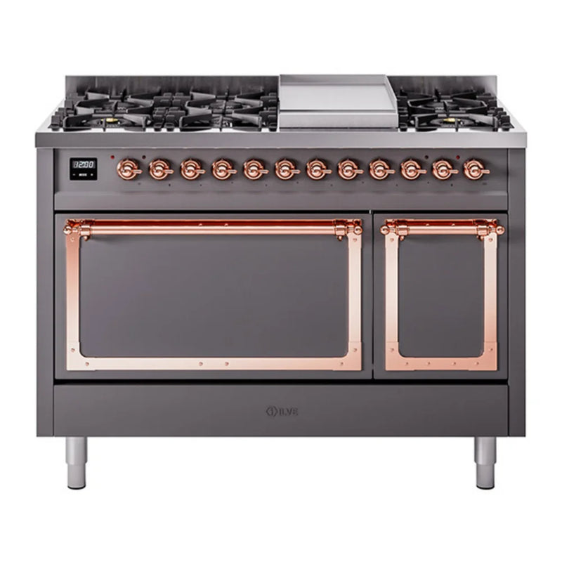 ILVE Nostalgie II Noblesse 48" Dual Fuel Freestanding Range in Graphite Matte with Copper Trim, UN48FQNMPMGPLP