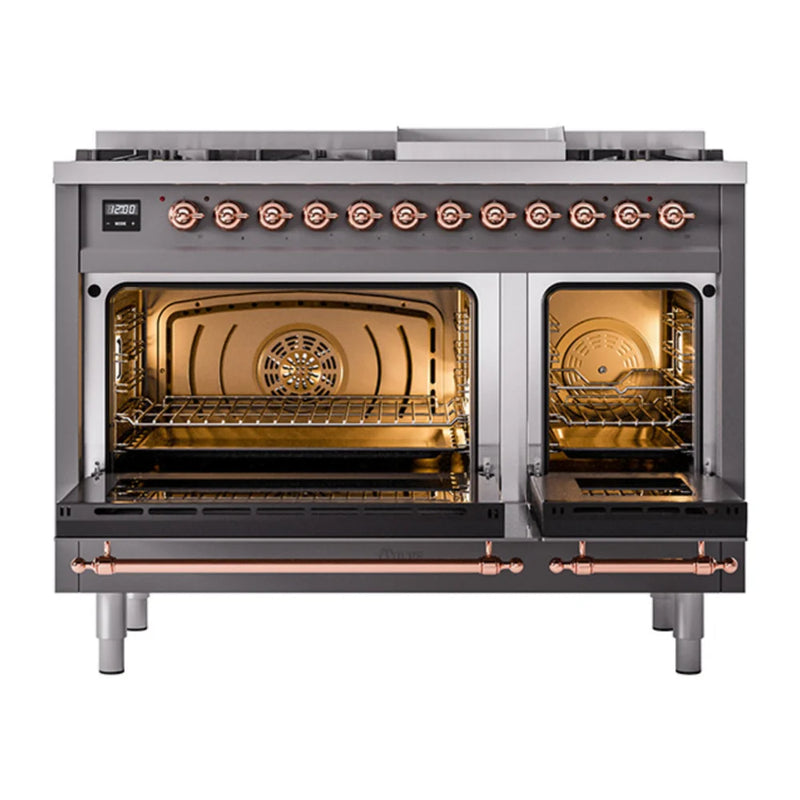 ILVE Nostalgie II Noblesse 48" Dual Fuel Freestanding Range in Graphite Matte with Copper Trim, UN48FQNMPMGPLP