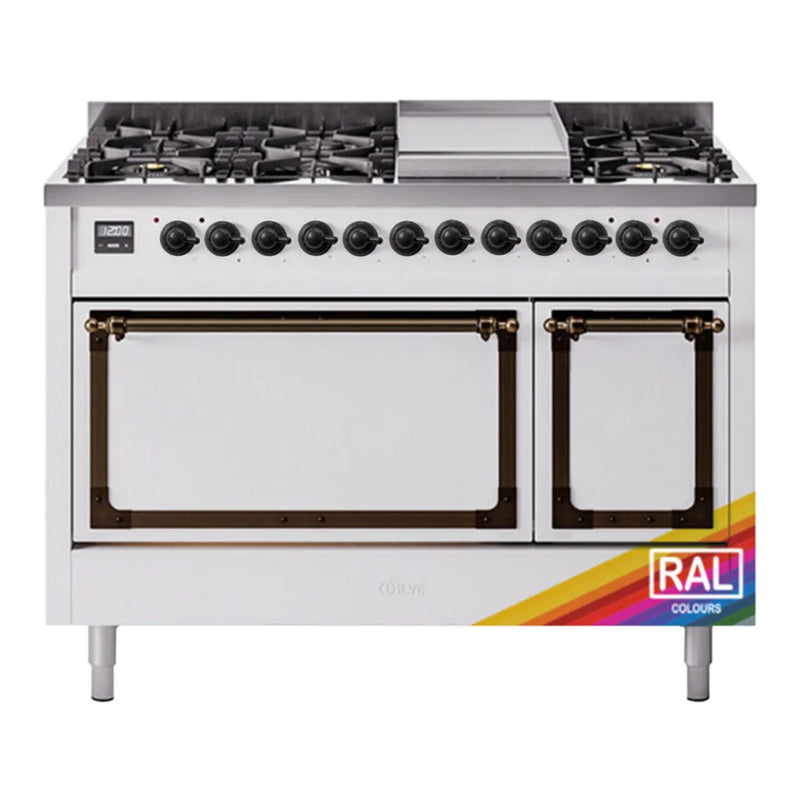 ILVE Nostalgie II Noblesse 48" Dual Fuel Freestanding Range in RAL Color with Burnished Trim, UN48FQNMPRABLP