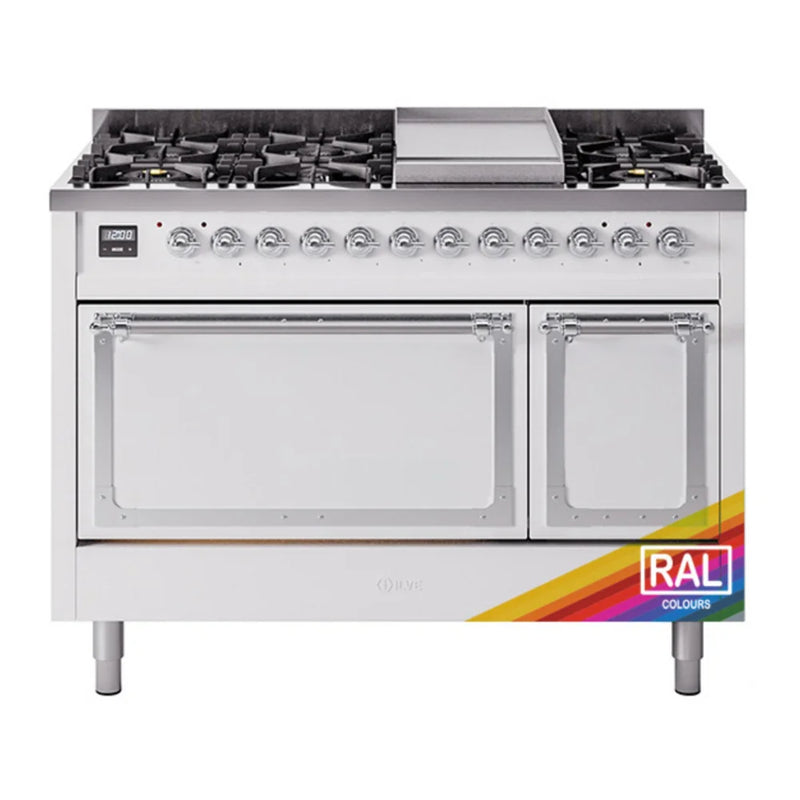 ILVE Nostalgie II Noblesse 48" Dual Fuel Freestanding Range in RAL Color with Chrome Trim, UN48FQNMPRAC