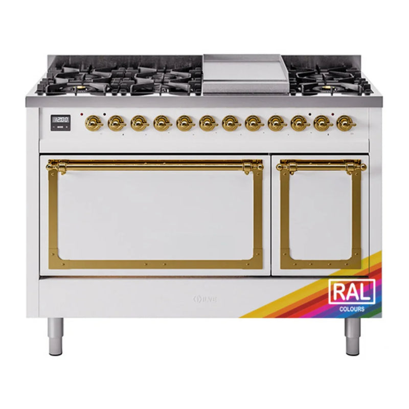ILVE Nostalgie II Noblesse 48" Dual Fuel Freestanding Range in RAL Color with Brass Trim, UN48FQNMPRAGLP