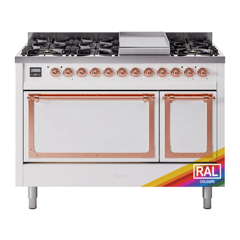 ILVE Nostalgie II Noblesse 48" Dual Fuel Freestanding Range in RAL Color with Copper Trim, UN48FQNMPRAPLP