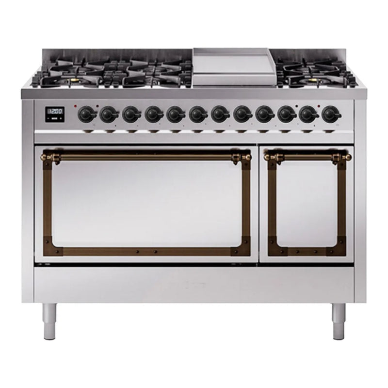 ILVE Nostalgie II Noblesse 48" Dual Fuel Freestanding Range in Stainless Steel with Burnished Trim, UN48FQNMPSSBLP
