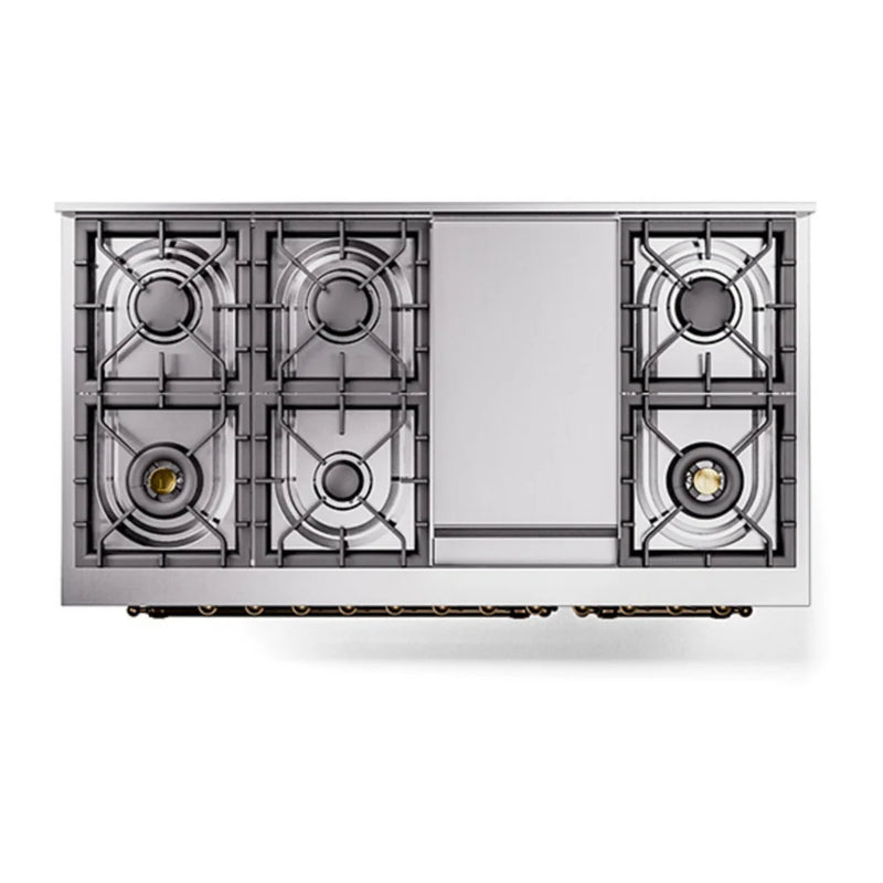 ILVE Nostalgie II Noblesse 48" Dual Fuel Freestanding Range in Stainless Steel with Burnished Trim, UN48FQNMPSSB