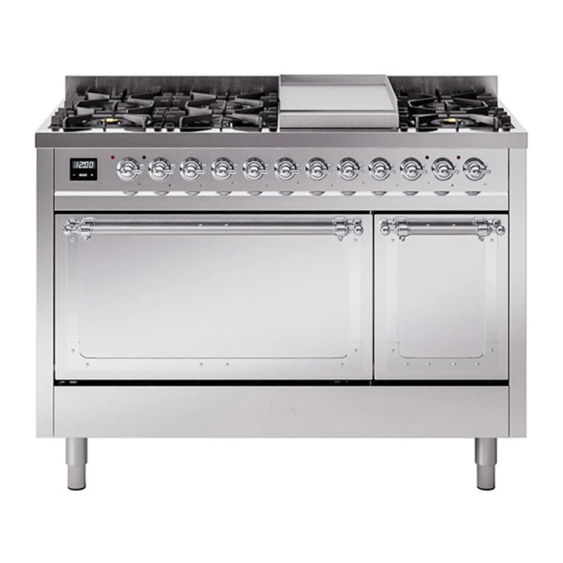 ILVE Nostalgie II Noblesse 48" Dual Fuel Freestanding Range in Stainless Steel with Chrome Trim, UN48FQNMPSSCLP