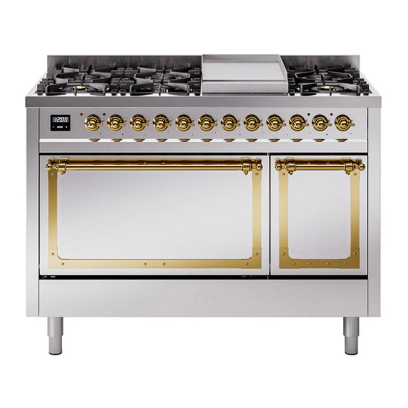 ILVE Nostalgie II Noblesse 48" Dual Fuel Freestanding Range in Stainless Steel with Brass Trim, UN48FQNMPSSGLP