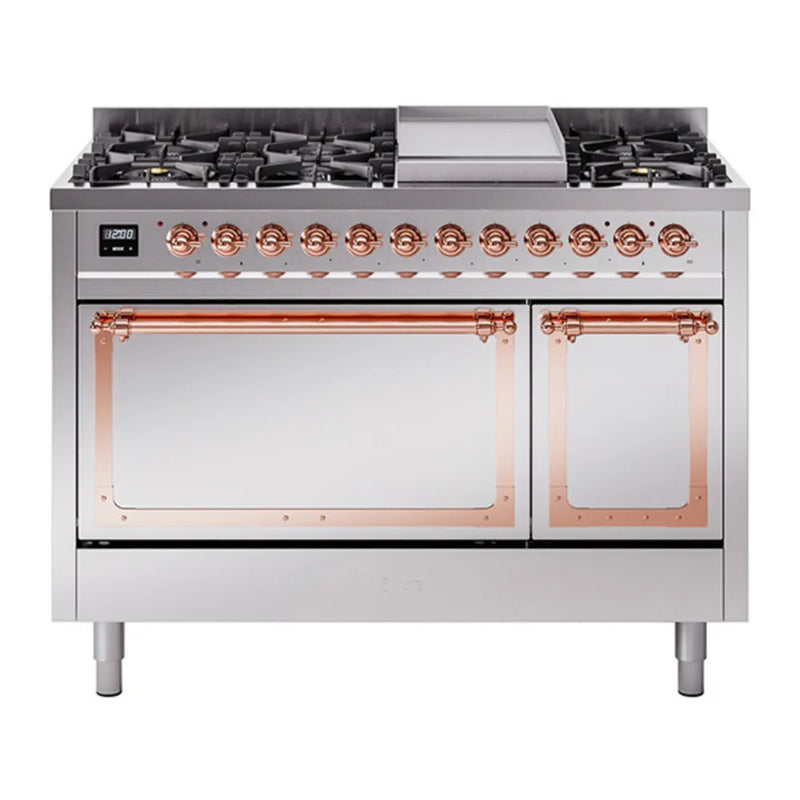 ILVE Nostalgie II Noblesse 48" Dual Fuel Freestanding Range in Stainless Steel with Copper Trim, UN48FQNMPSSP