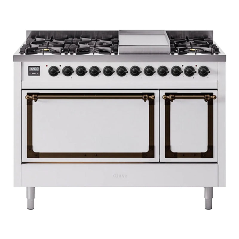 ILVE Nostalgie II Noblesse 48" Dual Fuel Freestanding Range in White with Burnished Trim, UN48FQNMPWHB