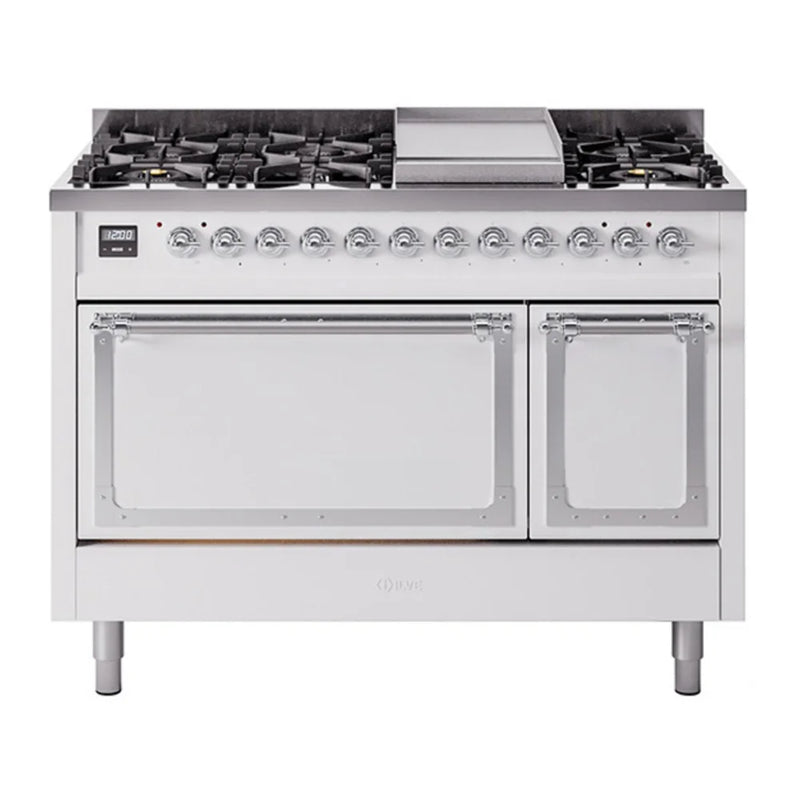 ILVE Nostalgie II Noblesse 48" Dual Fuel Freestanding Range in White with Chrome Trim, UN48FQNMPWHCLP