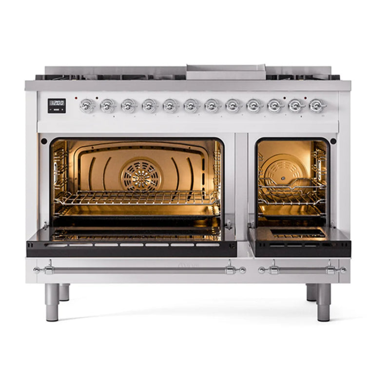 ILVE Nostalgie II Noblesse 48" Dual Fuel Freestanding Range in White with Chrome Trim, UN48FQNMPWHCLP