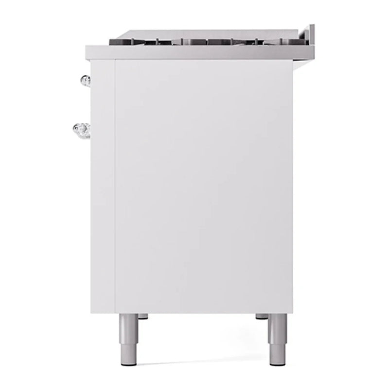 ILVE Nostalgie II Noblesse 48" Dual Fuel Freestanding Range in White with Chrome Trim, UN48FQNMPWHCLP