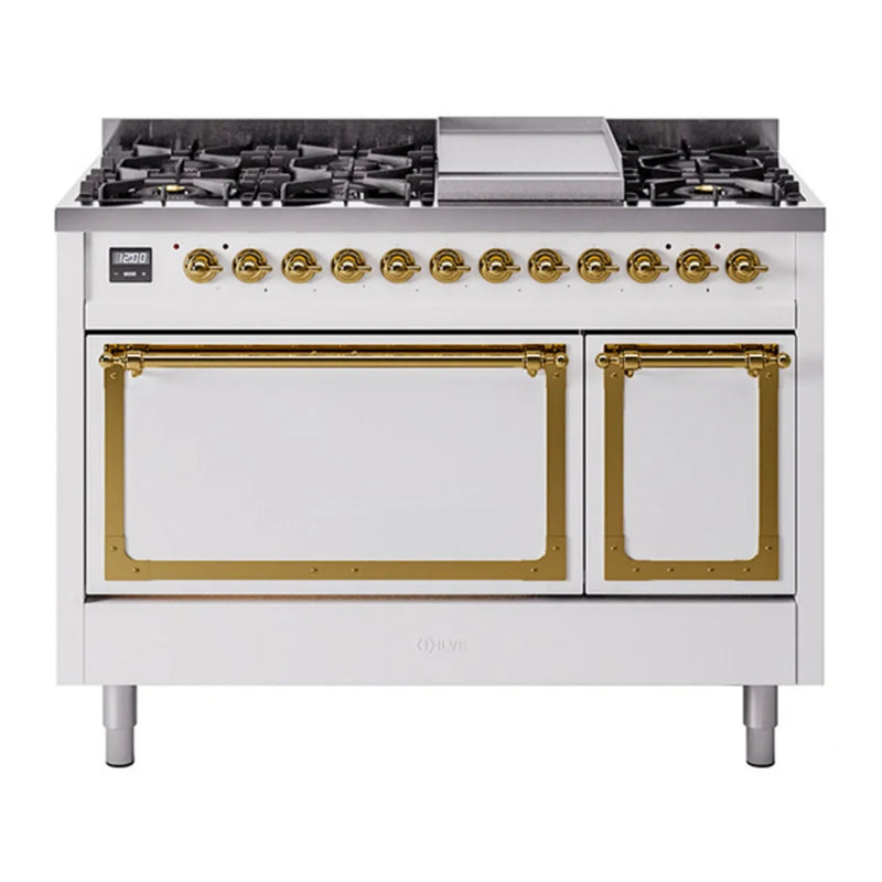ILVE Nostalgie II Noblesse 48" Dual Fuel Freestanding Range in White with Brass Trim, UN48FQNMPWHGLP
