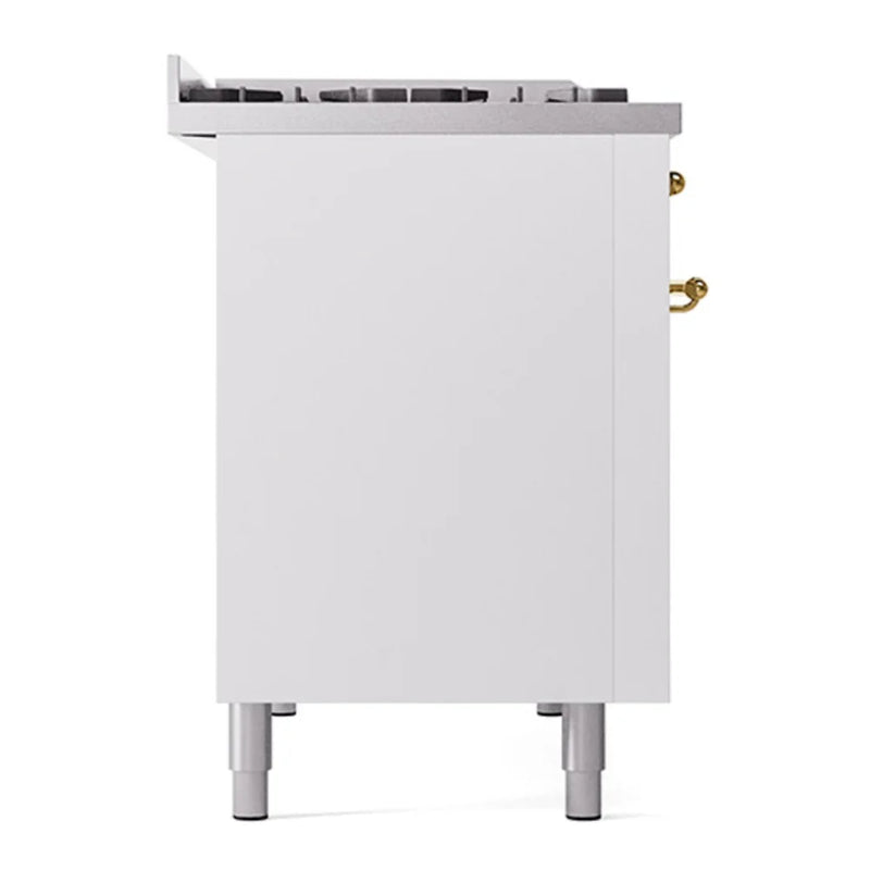 ILVE Nostalgie II Noblesse 48" Dual Fuel Freestanding Range in White with Brass Trim, UN48FQNMPWHGLP