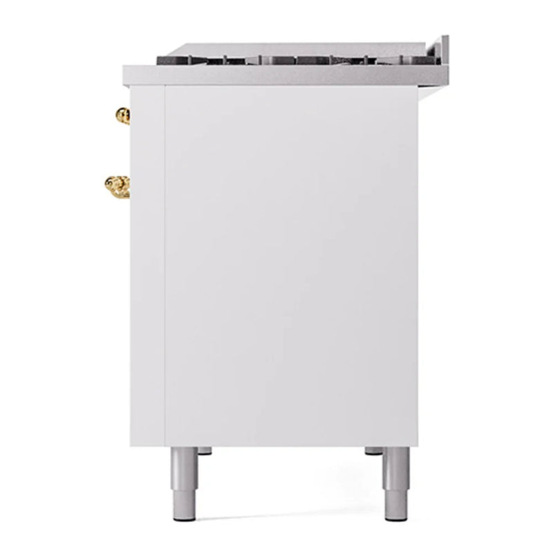 ILVE Nostalgie II Noblesse 48" Dual Fuel Freestanding Range in White with Brass Trim, UN48FQNMPWHG