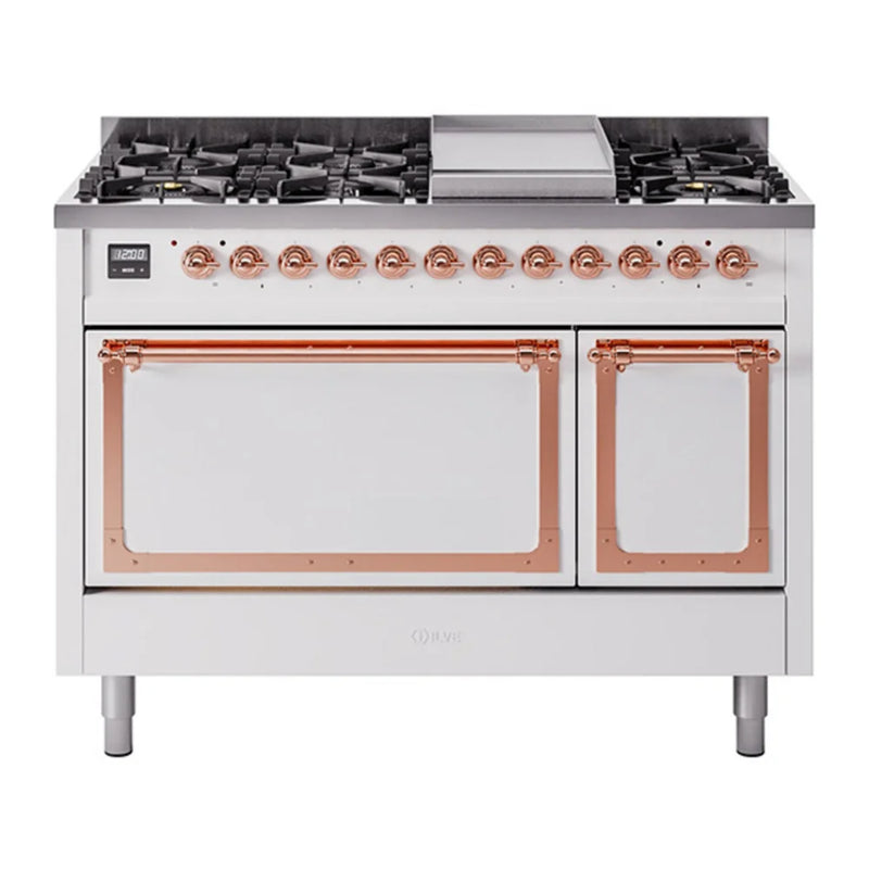 ILVE Nostalgie II Noblesse 48" Dual Fuel Freestanding Range in White with Copper Trim, UN48FQNMPWHPLP